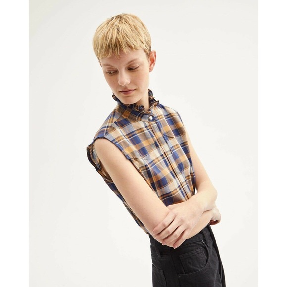 NILI LOTAN Feora Blue/Tan Plaid RuffleNeck Top NWT - Picture 10 of 10